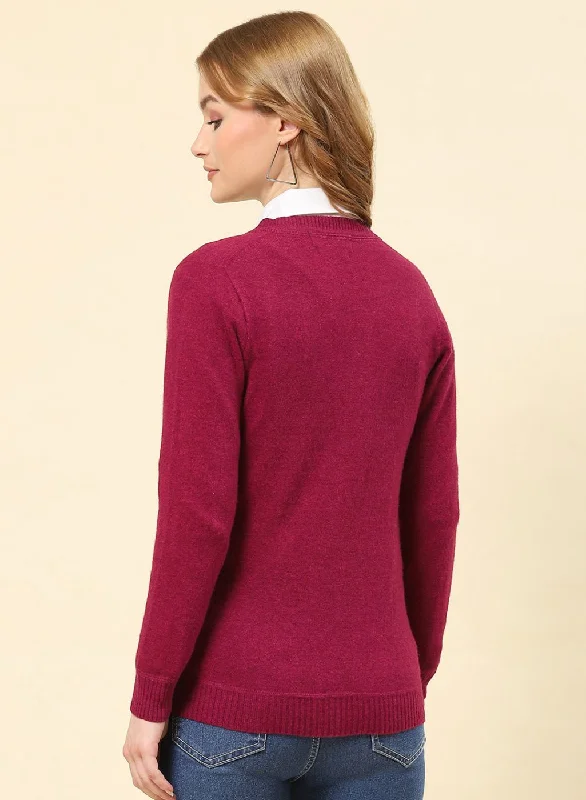 Women Maroon Solid Lamb wool Cardigan