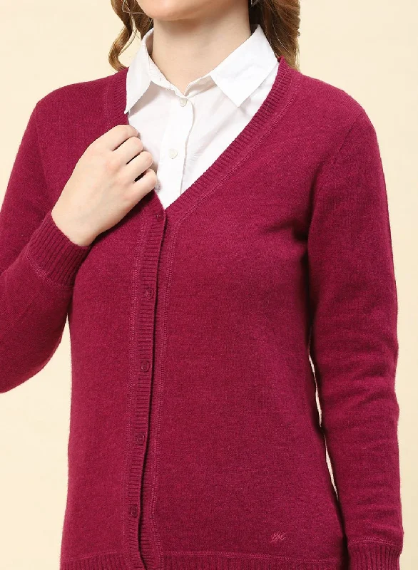 Women Maroon Solid Lamb wool Cardigan