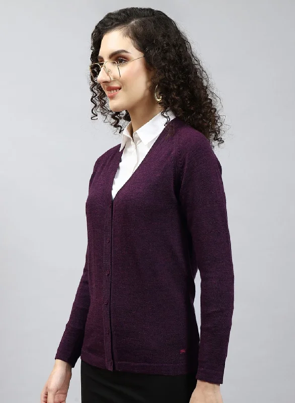 Women Maroon Solid Pure wool Cardigan