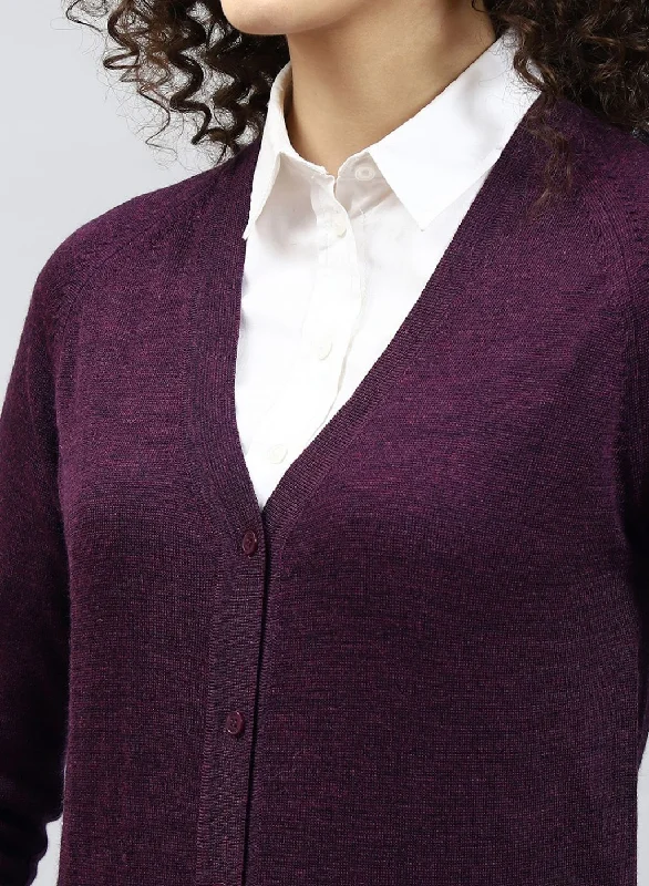 Women Maroon Solid Pure wool Cardigan