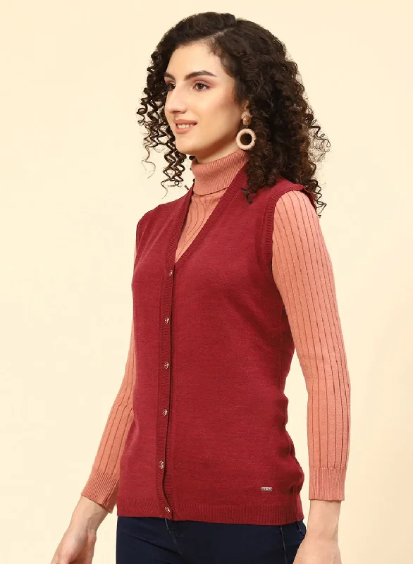 Women Maroon Solid Wool blend Cardigan