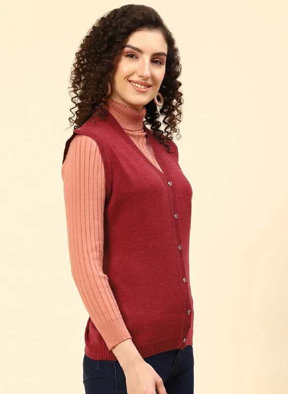 Women Maroon Solid Wool blend Cardigan