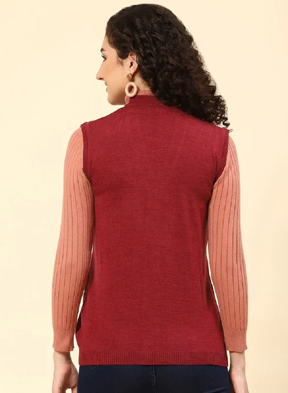 Women Maroon Solid Wool blend Cardigan