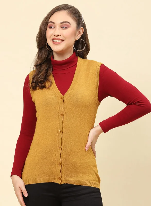 Women Mustard Solid Modal Nylone Cardigan