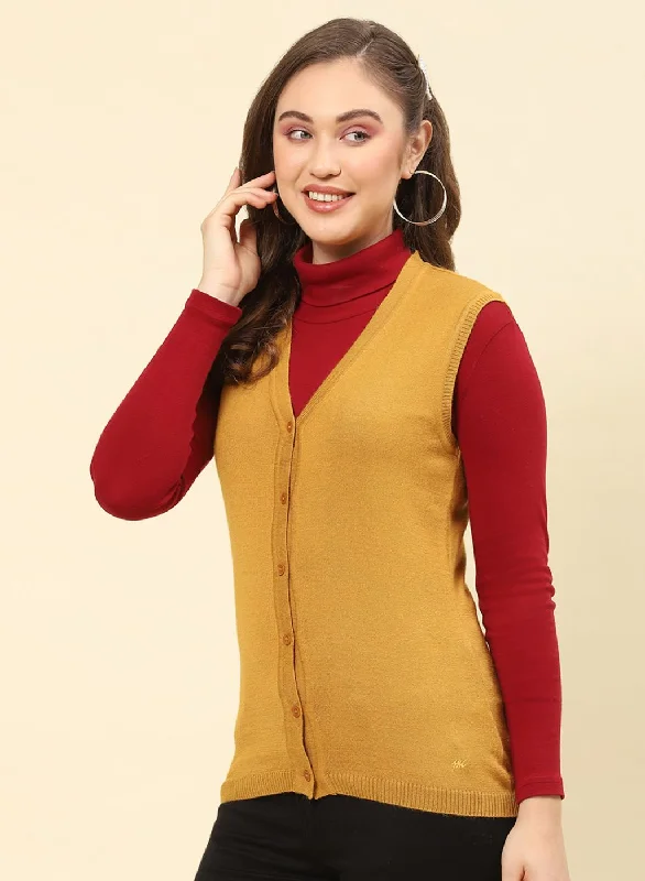 Women Mustard Solid Modal Nylone Cardigan