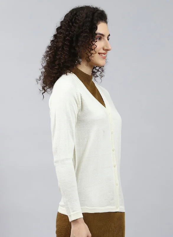 Women Off White Solid Pure wool Cardigan