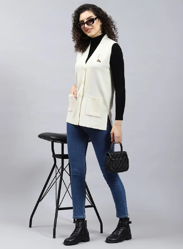 Women Off White Solid Pure wool Cardigan