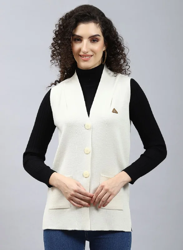 Women Off White Solid Pure wool Cardigan