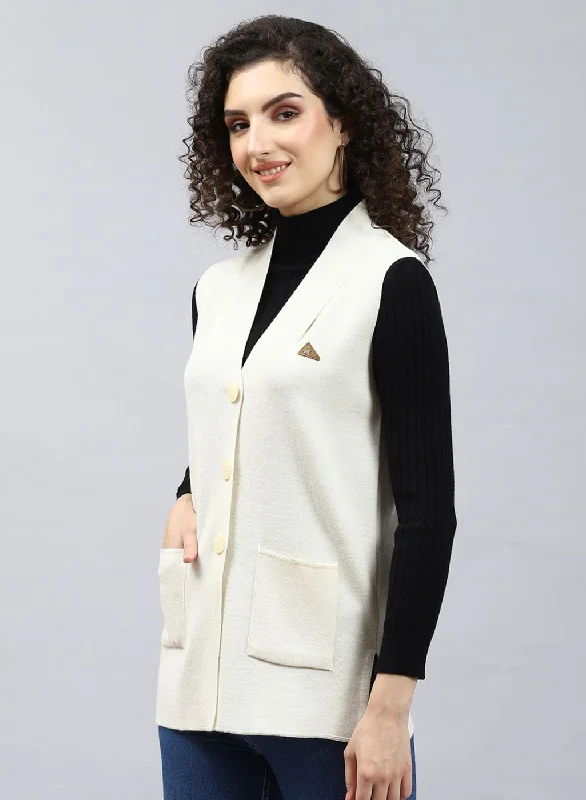 Women Off White Solid Pure wool Cardigan