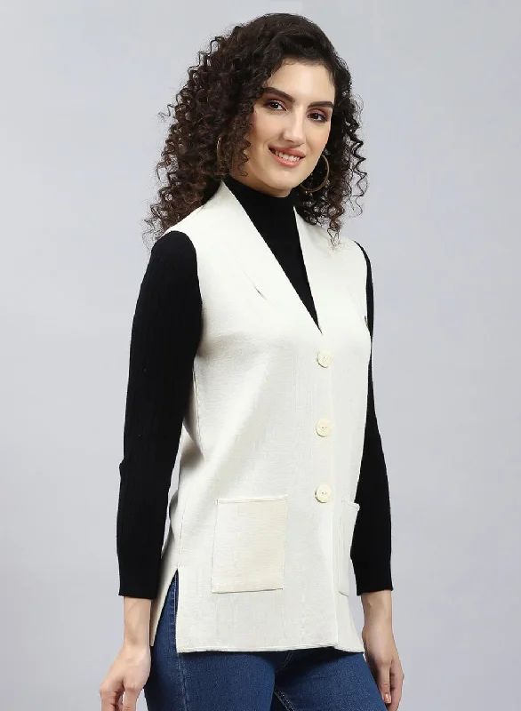 Women Off White Solid Pure wool Cardigan