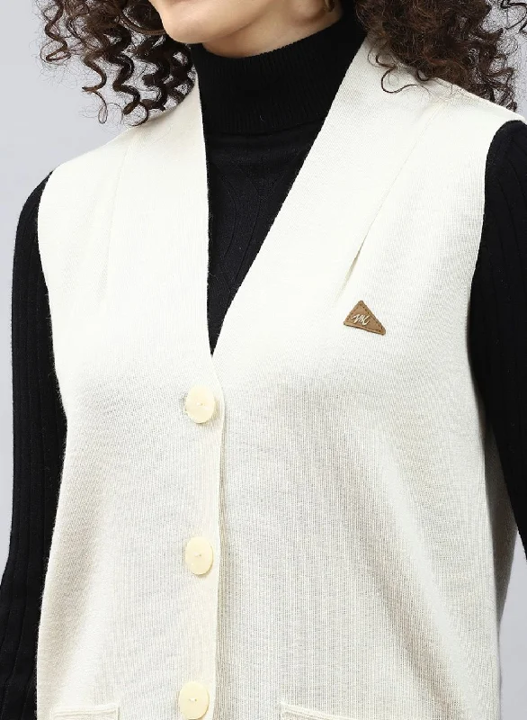 Women Off White Solid Pure wool Cardigan