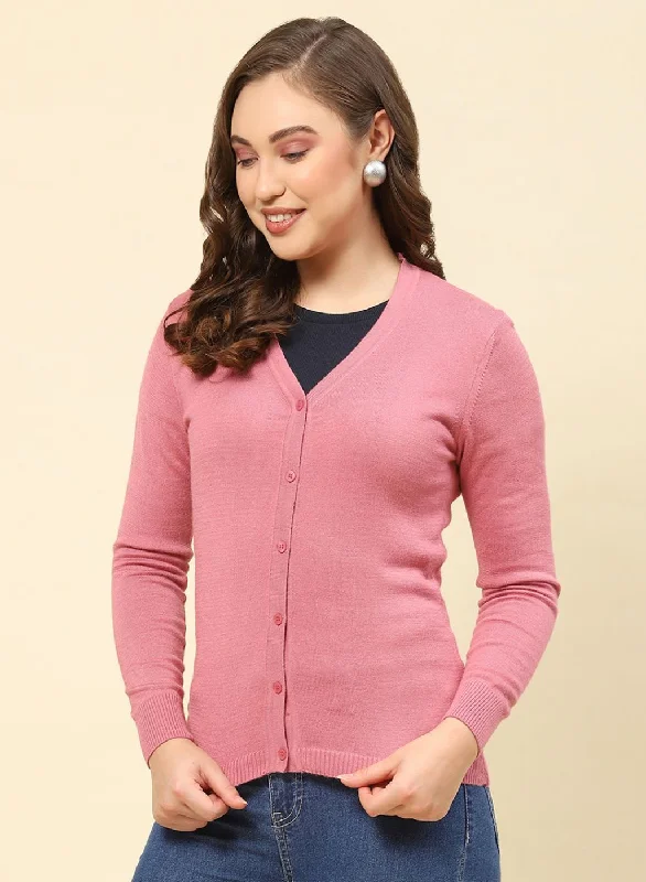 Women Pink Solid Modal Nylone Cardigan