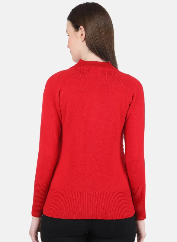 Women Red Self Design Pullover