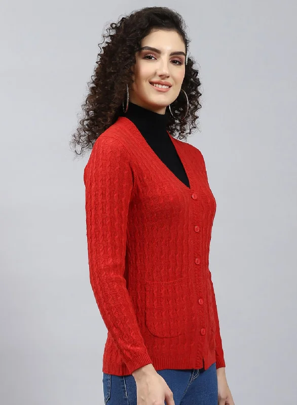 Women Red Self Design Wool blend Cardigan