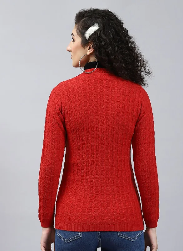 Women Red Self Design Wool blend Cardigan