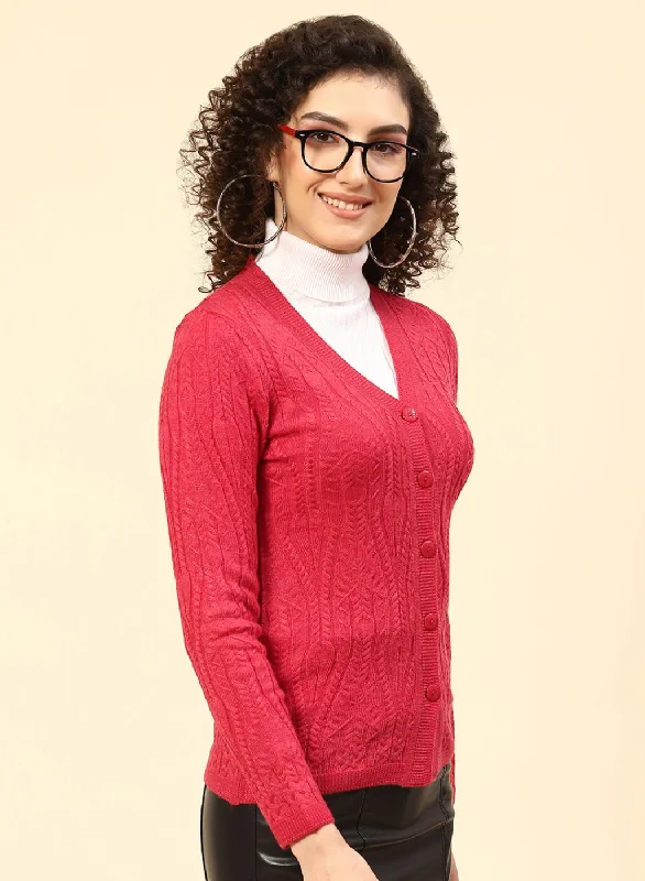 Women Red Self Design Wool blend Cardigan