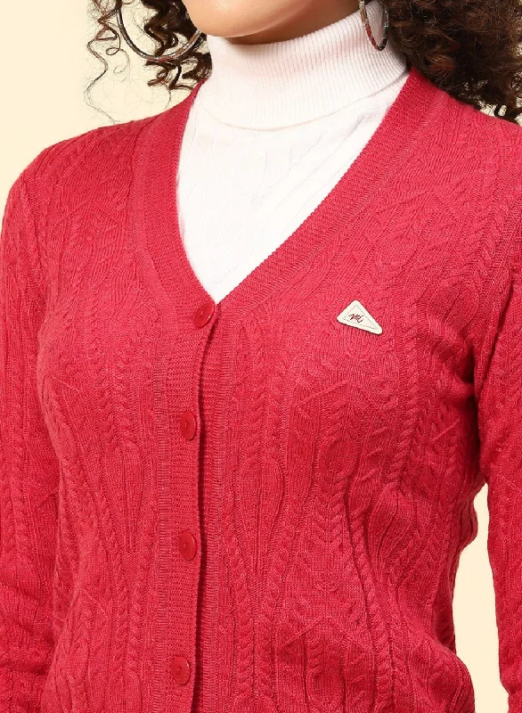 Women Red Self Design Wool blend Cardigan