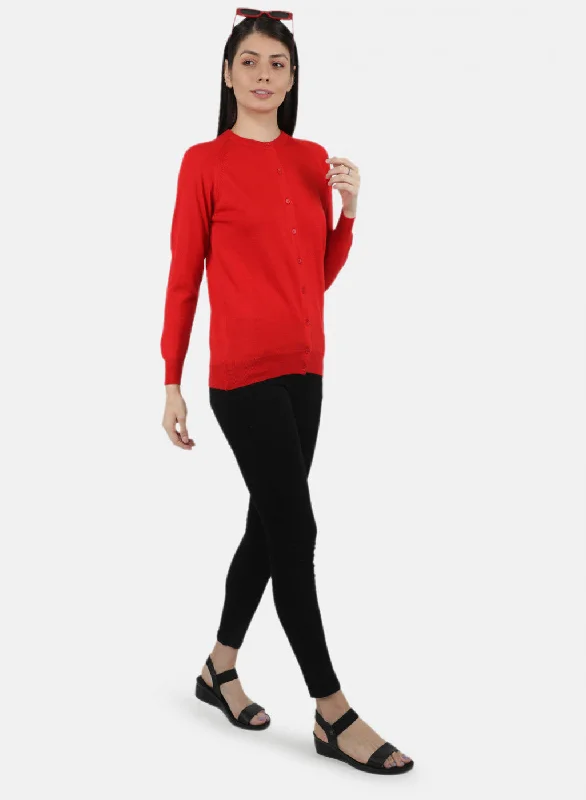 Women Red Solid Cardigan