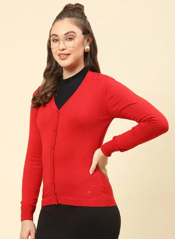 Women Red Solid Modal Nylone Cardigan