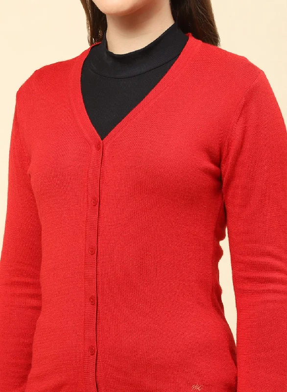 Women Red Solid Modal Nylone Cardigan