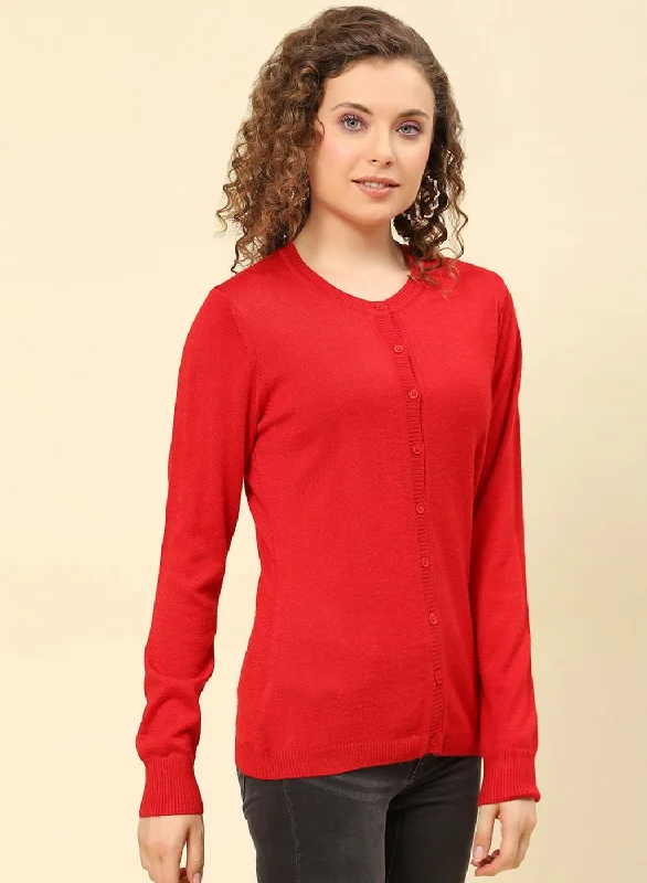 Women Red Solid Modal Nylone Cardigan