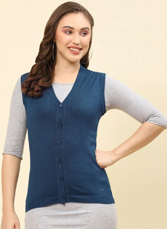 Women Teal Blue Solid Modal Nylone Cardigan