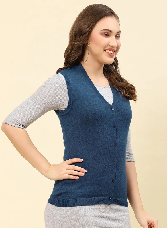 Women Teal Blue Solid Modal Nylone Cardigan