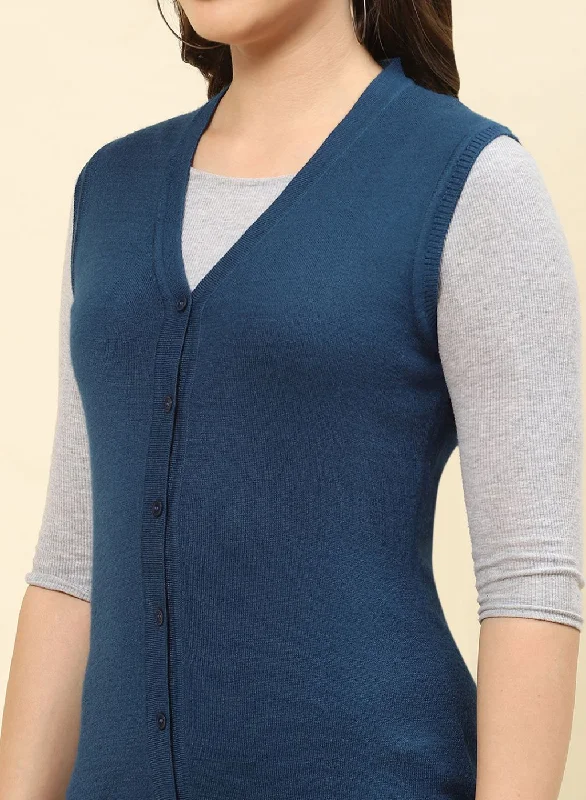 Women Teal Blue Solid Modal Nylone Cardigan