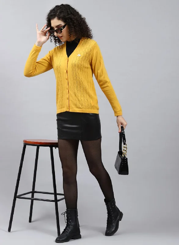 Women Yellow Self Design Wool blend Cardigan