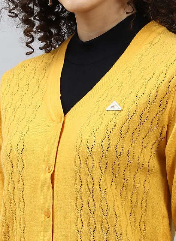 Women Yellow Self Design Wool blend Cardigan