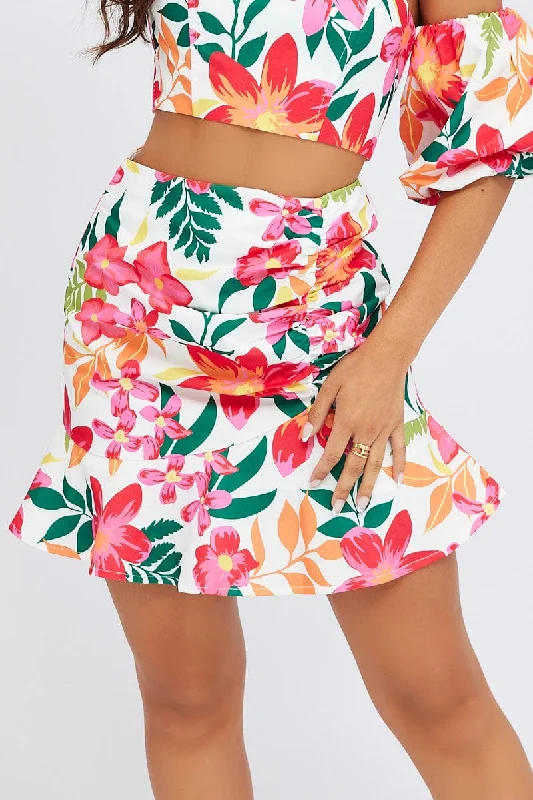 Multi Floral Gathered Skirt Mini Length Ruffle Detail