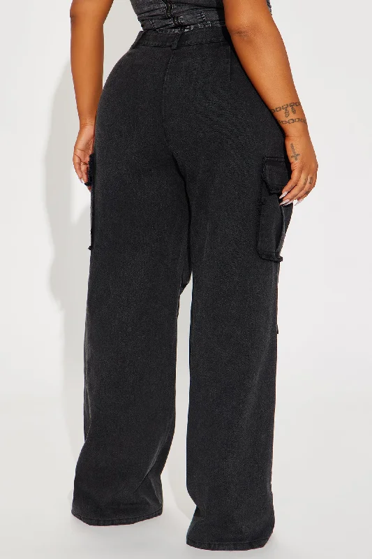 Nessa Washed Wide Leg Cargo Pant - Black