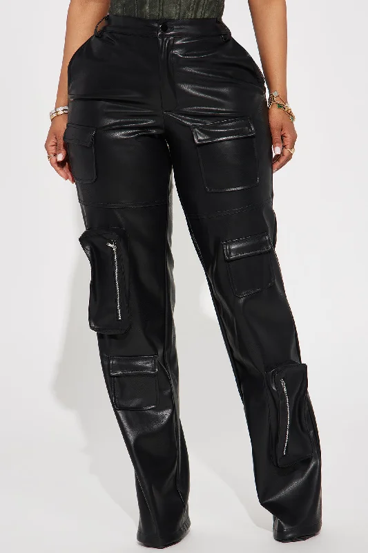 Never Too Late Faux Leather Cargo Pant - Black