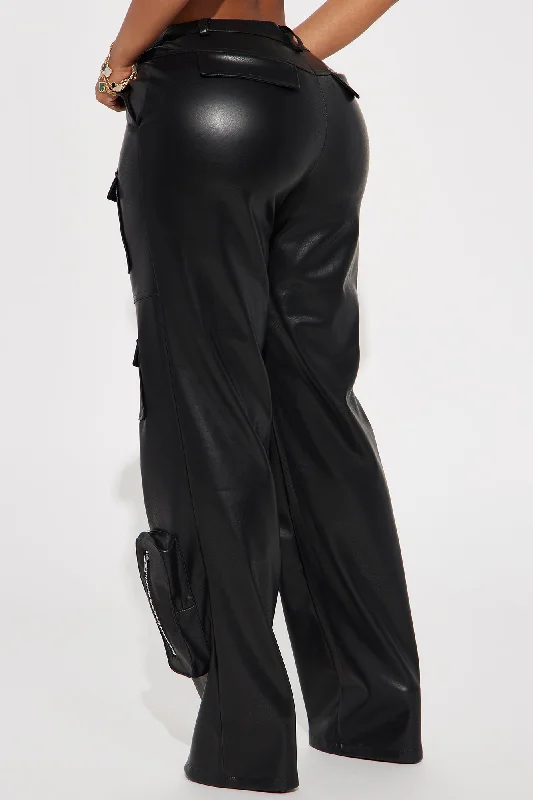 Never Too Late Faux Leather Cargo Pant - Black