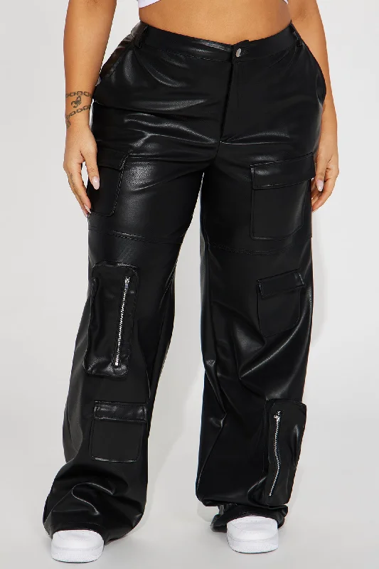 Never Too Late Faux Leather Cargo Pant - Black