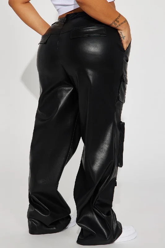 Never Too Late Faux Leather Cargo Pant - Black