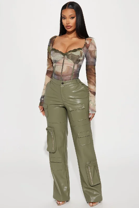 Never Too Late Faux Leather Cargo Pant - Olive