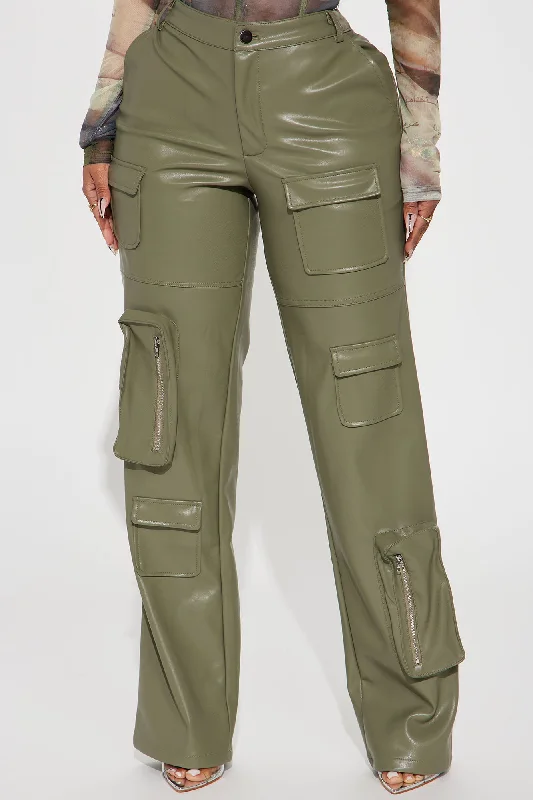 Never Too Late Faux Leather Cargo Pant - Olive