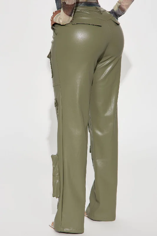 Never Too Late Faux Leather Cargo Pant - Olive