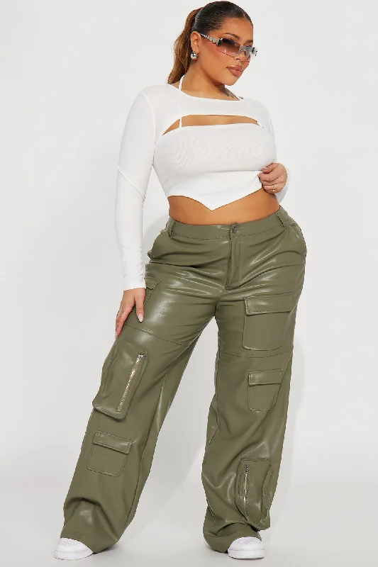 Never Too Late Faux Leather Cargo Pant - Olive