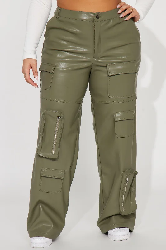 Never Too Late Faux Leather Cargo Pant - Olive