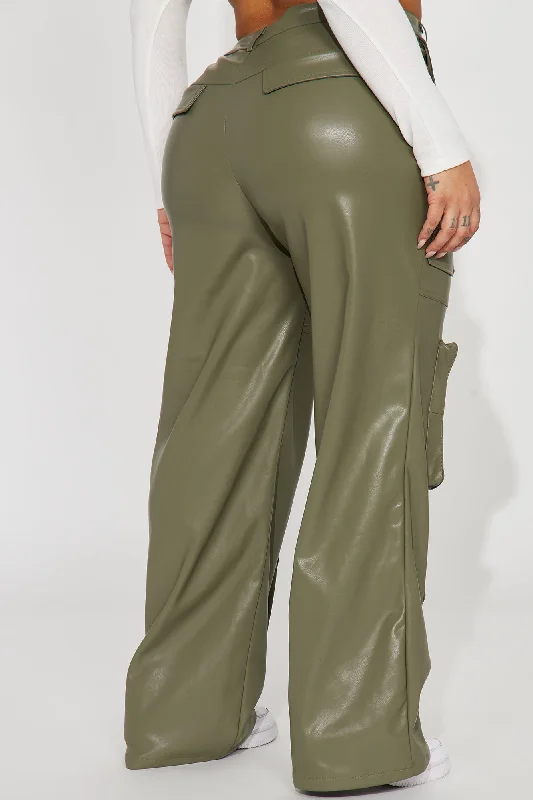 Never Too Late Faux Leather Cargo Pant - Olive