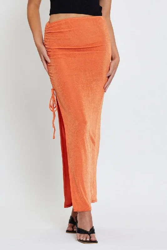 Orange Slinky Jersey Front Slit Pencil Midi Skirt