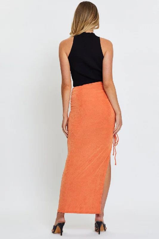 Orange Slinky Jersey Front Slit Pencil Midi Skirt