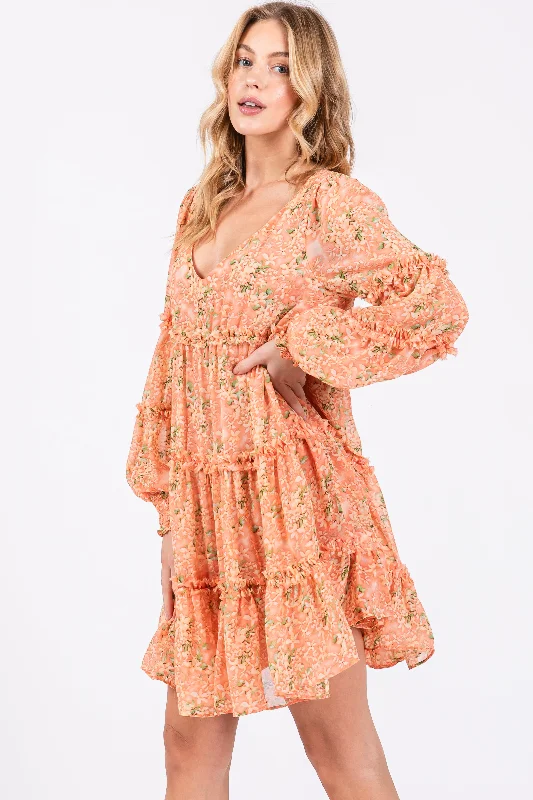 Peach Floral Ruffle Tiered Dress