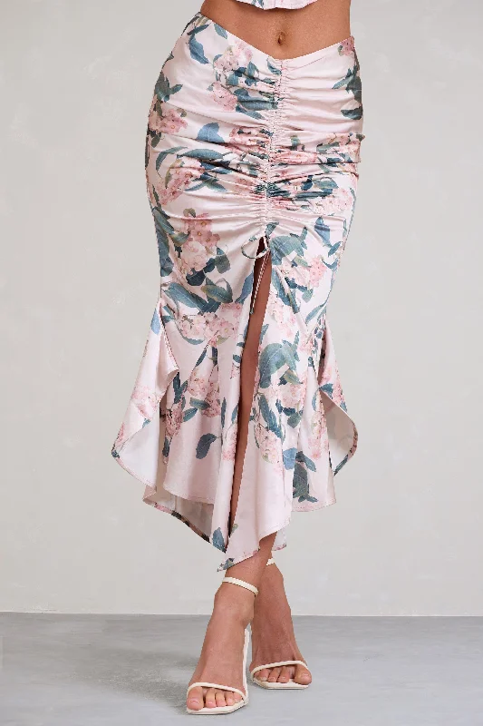 Per Favore | Pink Satin Ruched Split Maxi Skirt