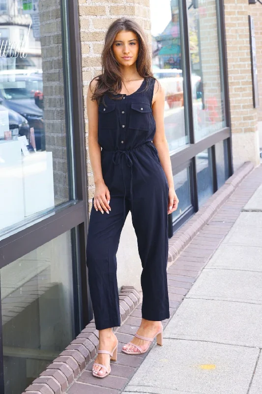 Petite Cotton Button Down Jumpsuit (Black)