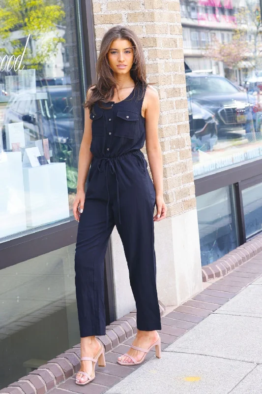 Petite Cotton Button Down Jumpsuit (Black)