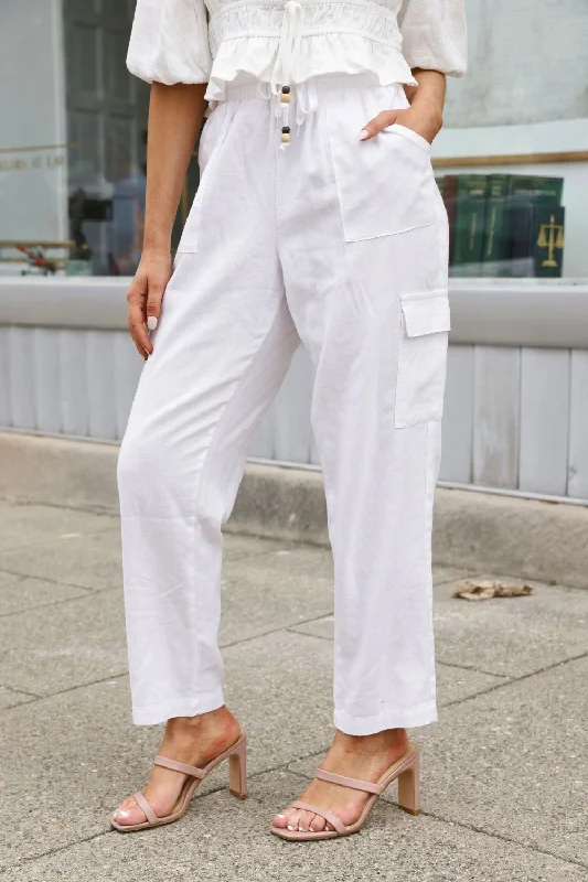 Petite High Waisted Utility Linen Pants (White)