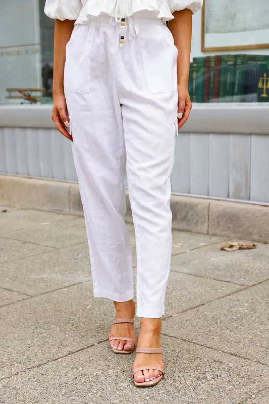 Petite High Waisted Utility Linen Pants (White)